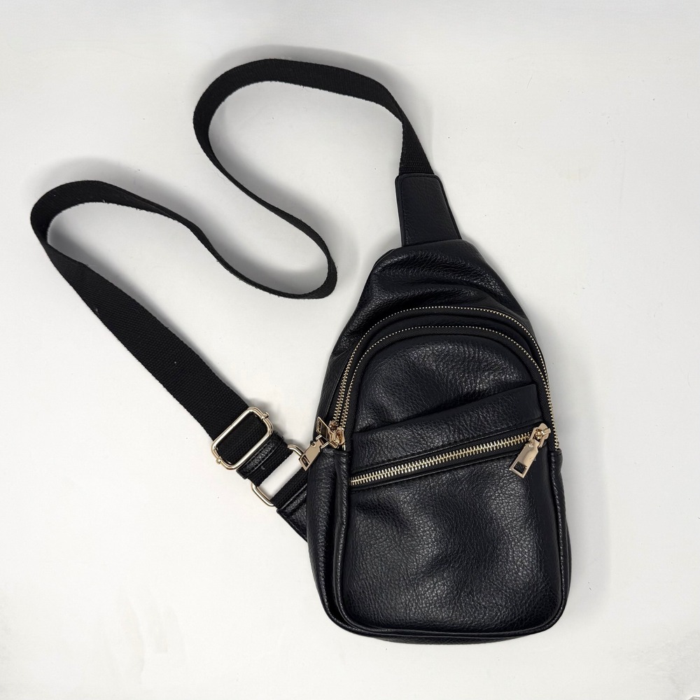 Black Pebbled Faux Leather Sling Bag Gold Hardware Crossbody Backpack